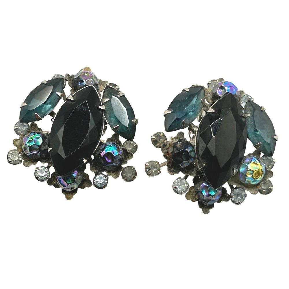 Vintage Judy Lee Black Teal AB Rhinestone Clip On Earrings Cluster Statement
